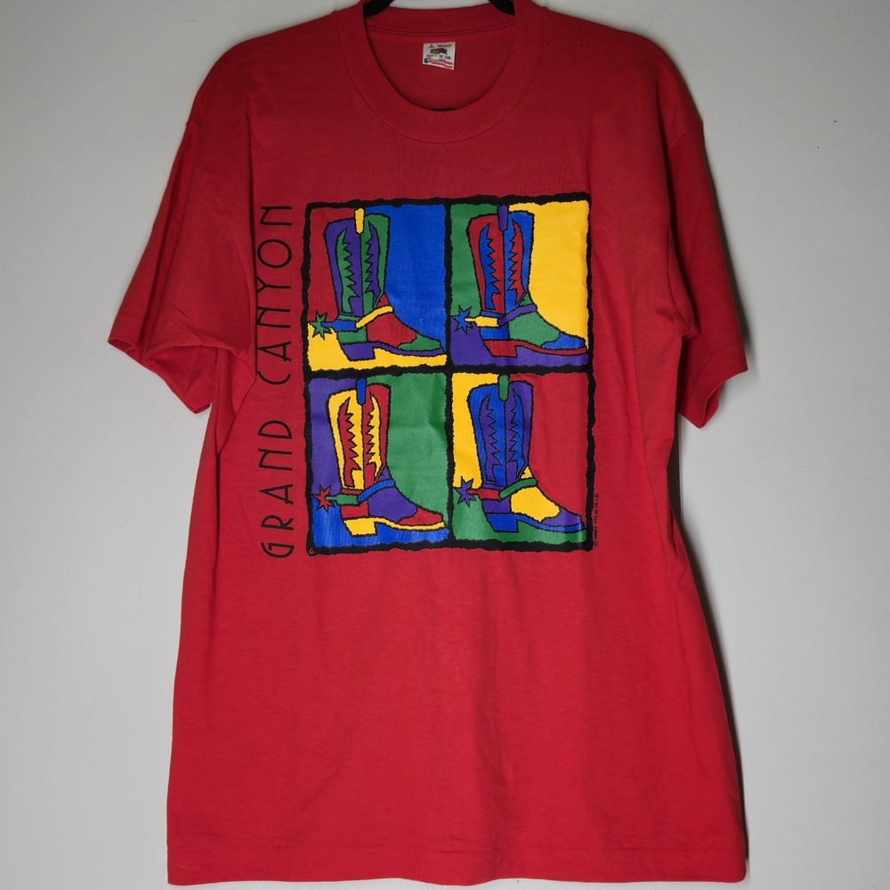 Vintage Cowboy T Shirt Mens L Red Western Single Stitch USA 90's Grand Canyon